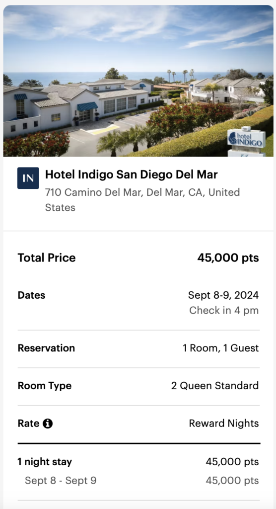 Screenshot of hotel stay cost